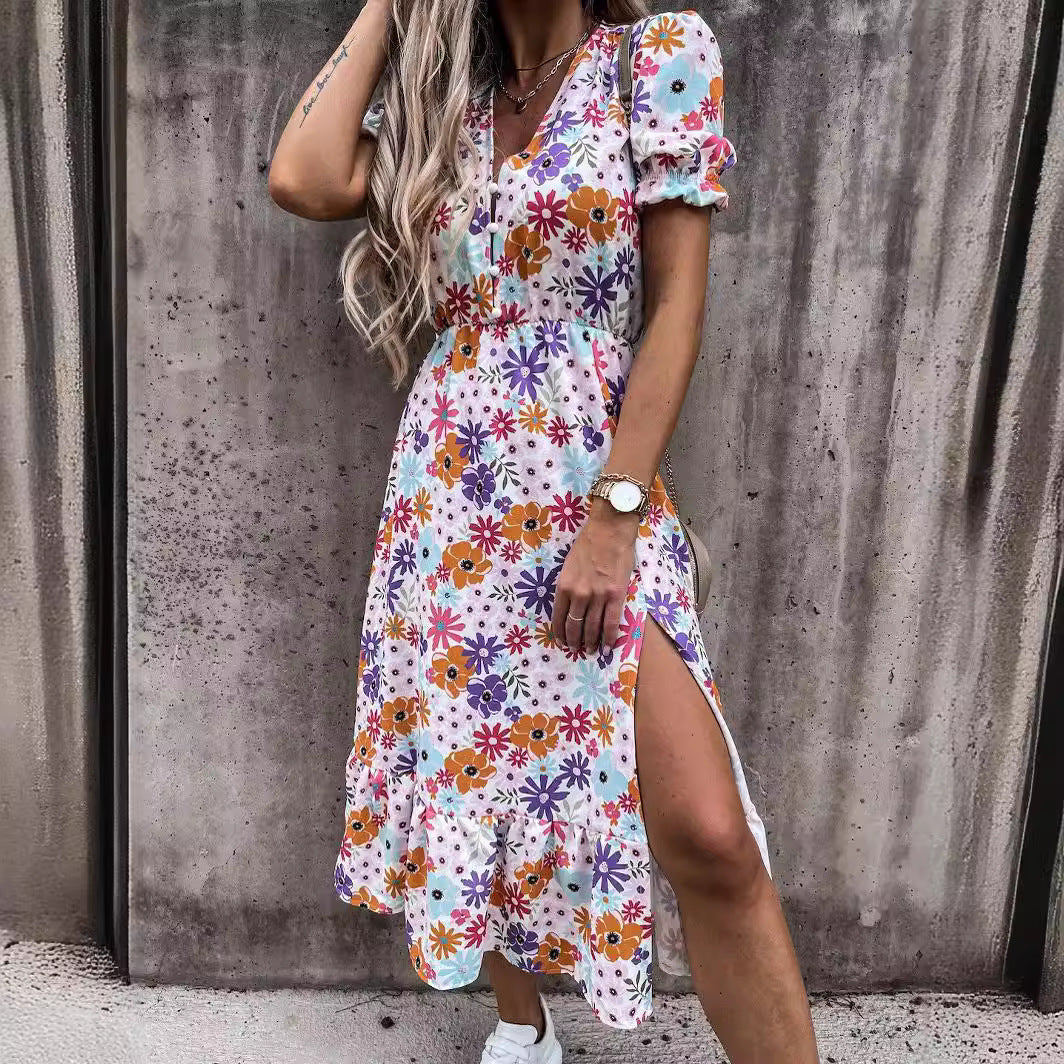 Robe longue femme – Taille haute – Tissu respirant – Manches courtes – Fente côté