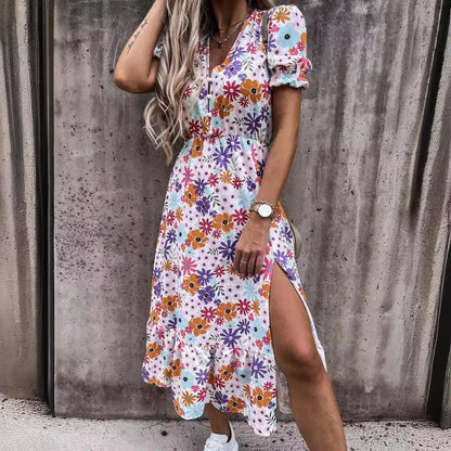 Robe longue femme – Taille haute – Tissu respirant – Manches courtes – Fente côté