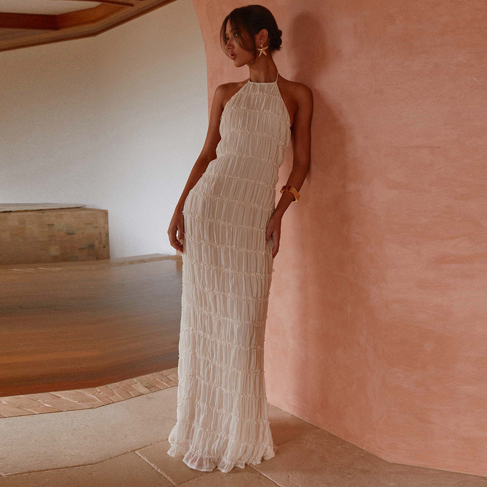 Robe longue femme – Coupe moulante – Tissu plissé – Dos nu – Tenue élégante