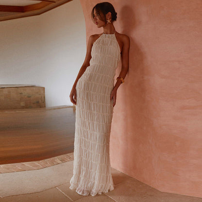 Robe longue femme – Coupe moulante – Tissu plissé – Dos nu – Tenue élégante