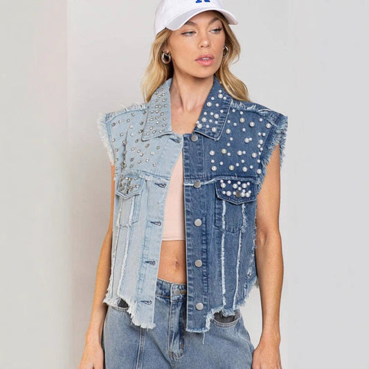 Veste en jean femme – Coupe courte – Patchwork – Clous décoratifs – Finition usée