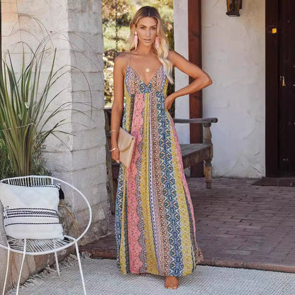 Robe longue femme – Décolleté en V – Dos nu – Bretelles fines – Tissu fluide respirant