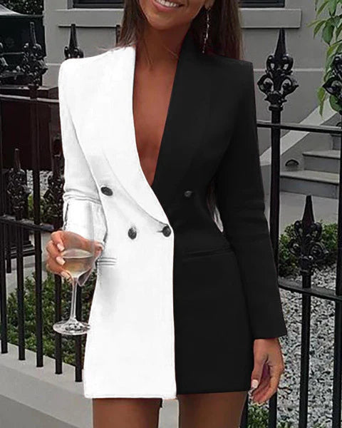 Robe blazer femme – Coupe ajustée – Design bicolore – Décolleté V – Manches longues