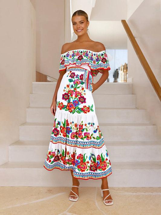 Robe longue femme – Épaules dénudées – Imprimé fleuri – Taille ajustable – Jupe à volants