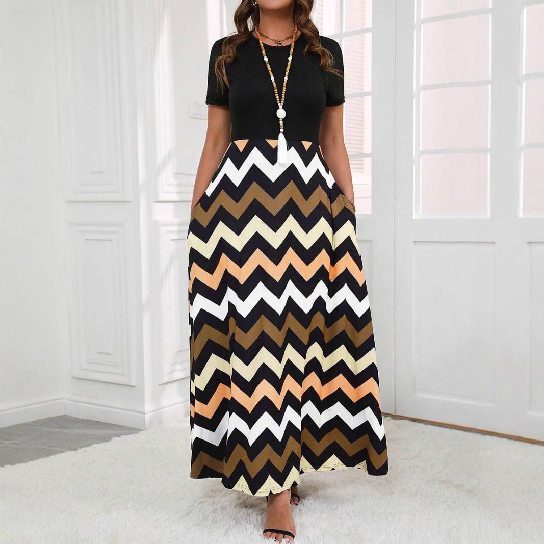 Robe longue femme – Coupe décontractée – Manches courtes – Imprimé ondulé – Coton