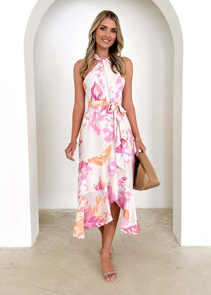 Robe Midi Femme – Coupe Ajustée – Col Halter – Imprimé Fleuri – Fente Latérale