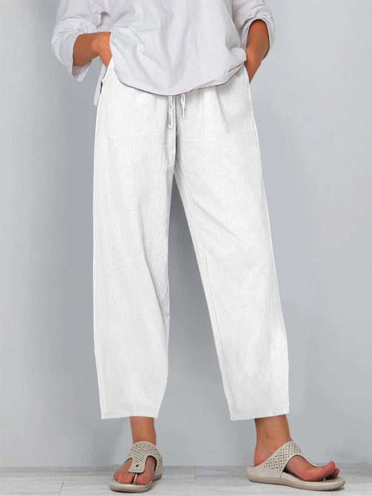 Pantalon femme large – Lin coton – Taille élastique avec cordon – Coupe décontractée