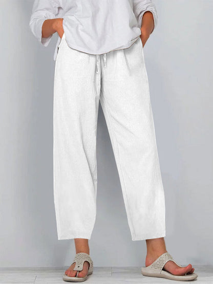 Pantalon femme large – Lin coton – Taille élastique avec cordon – Coupe décontractée