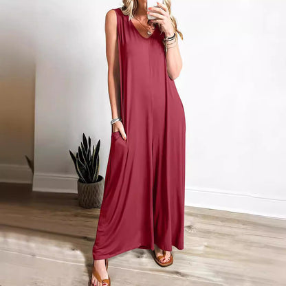 Robe longue femme – Coupe fluide – Débardeur – Encolure en V – Maille douce avec poches