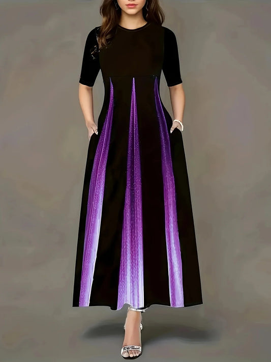Robe longue femme – Coupe fluide – Jupe plissée – Manches courtes – Poches latérales