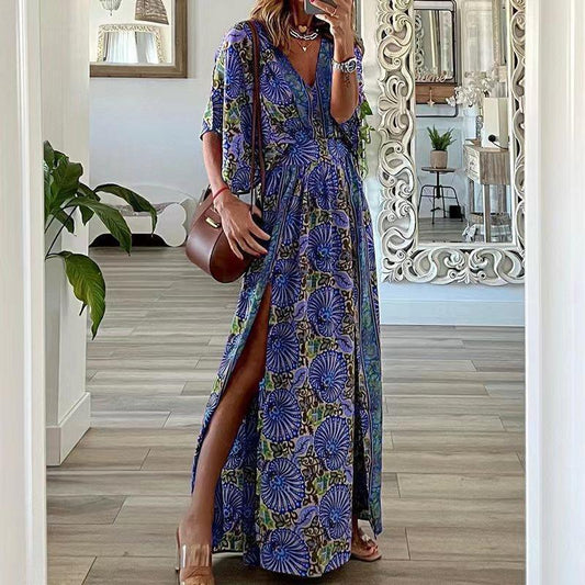 Robe longue femme – Imprimé bohème – Col en V – Manches courtes – Coupe fluide