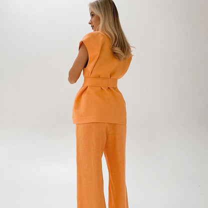 Ensemble Femme Haut Sans Manches et Pantalon Large – Taille Ceinturée – Tissu Léger
