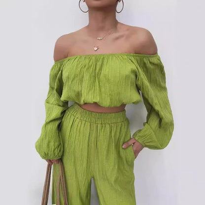 Women's Two-Piece Set – Off-Shoulder Top – High-Waist Wide-Leg Pants