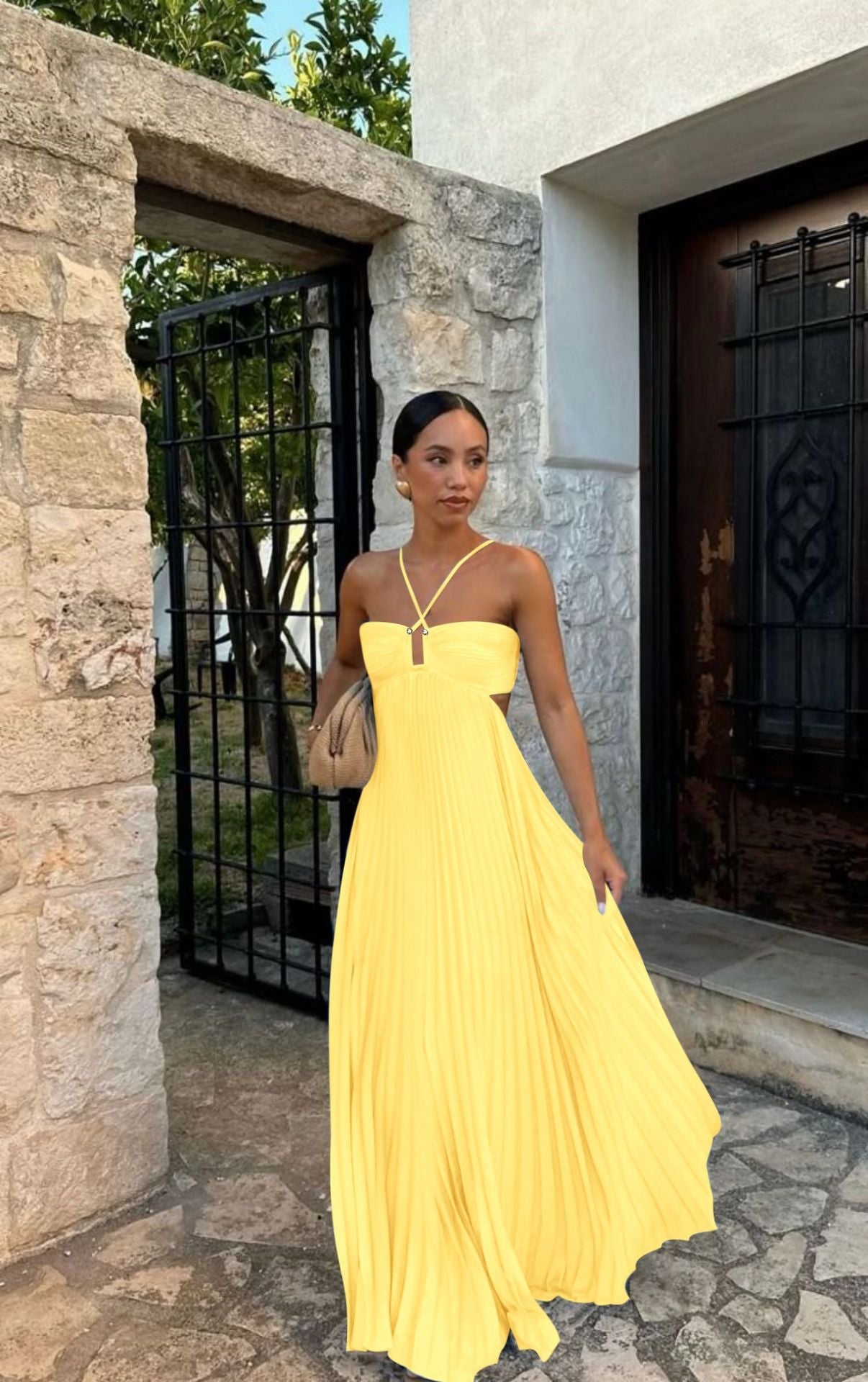 Robe longue femme – Sans bretelles – Bustier croisé – Jupe plissée fluide – Découpes