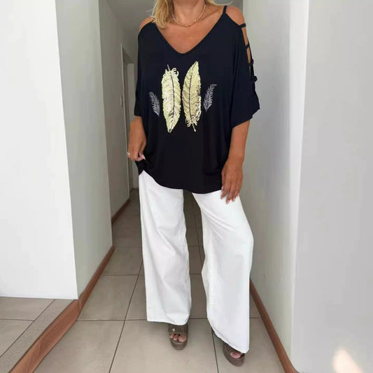 T-shirt oversize femme – Épaules ajourées – Décolleté en V – Imprimé tendance – Tissu respirant
