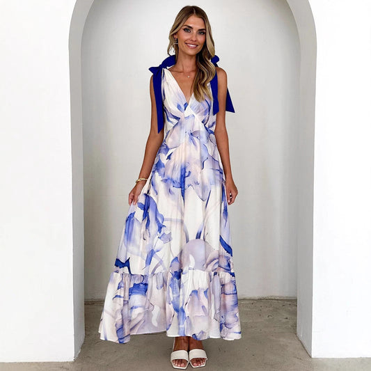 Robe longue femme – Décolleté en V – Sans manches – Imprimé artistique – Tissu léger