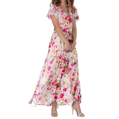 Robe longue femme – Coupe fluide – Tissu doux luxe – Manches volantées – Col en V – Imprimé fleuri