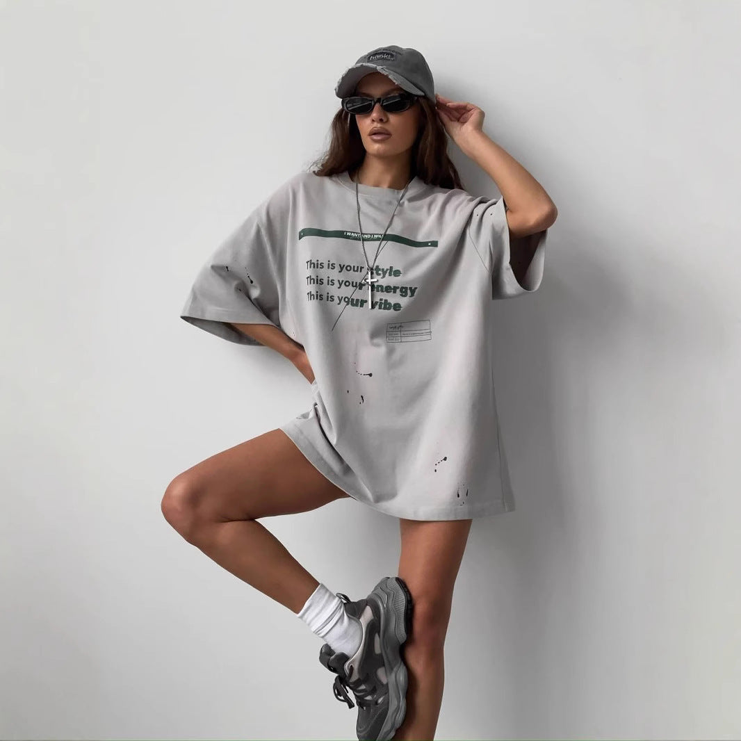 T-shirt oversize femme – Coupe ample – Motif vintage usé – Toucher doux respirant