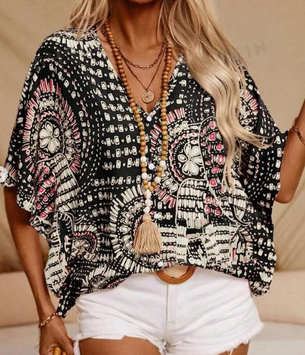 Blouse femme – Col en V – Coupe ample – Manches chauve-souris