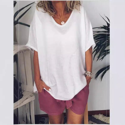T-shirt Femme – Coupe Ample – Lin et Coton – Manches Courtes – Col en V Casual