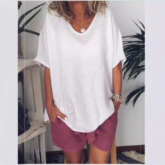 T-shirt Femme – Coupe Ample – Lin et Coton – Manches Courtes – Col en V Casual