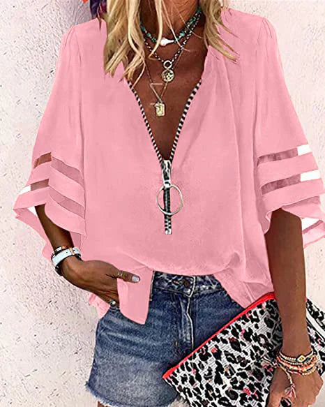 Blouse femme – Coupe décontractée – Manches coude ajourées – Col V zippé