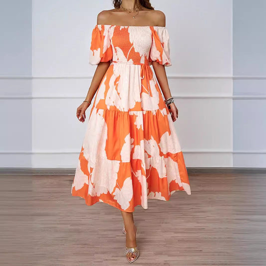 Robe midi femme – Épaules dénudées – Manches bouffantes – Coupe évasée fluide