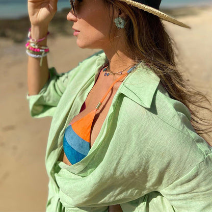 Women's wrap dress – Cotton linen – Long sleeves – V-neck – Fitted cut