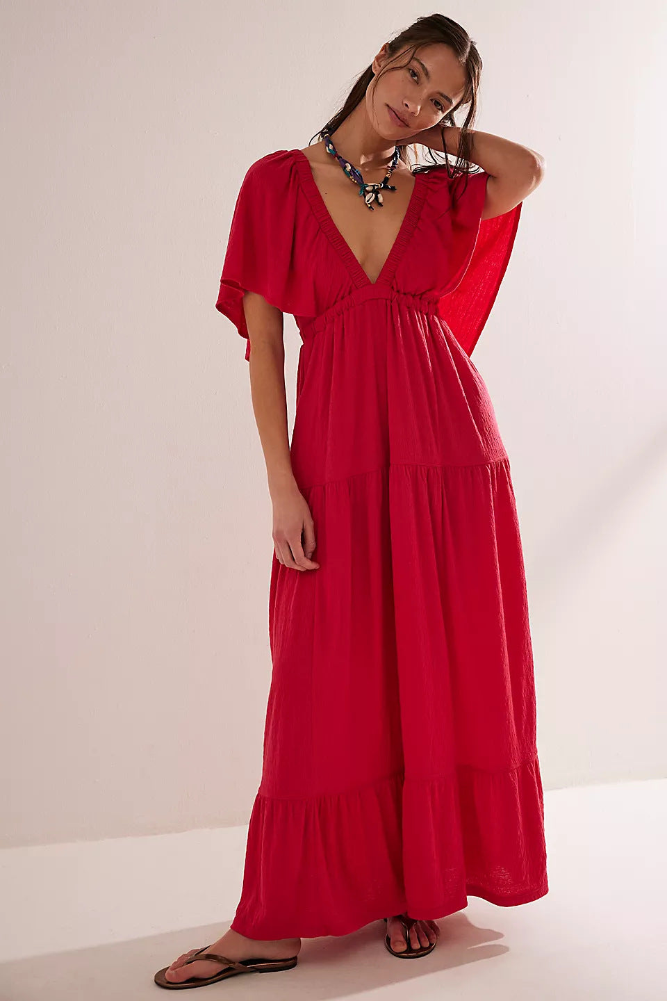 Robe longue femme – Coupe fluide – Décolleté en V – Manches courtes – Dos ouvert
