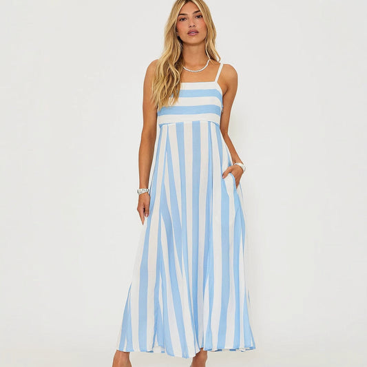 Robe longue femme – Coupe évasée – Col carré – Rayures verticales – Coton