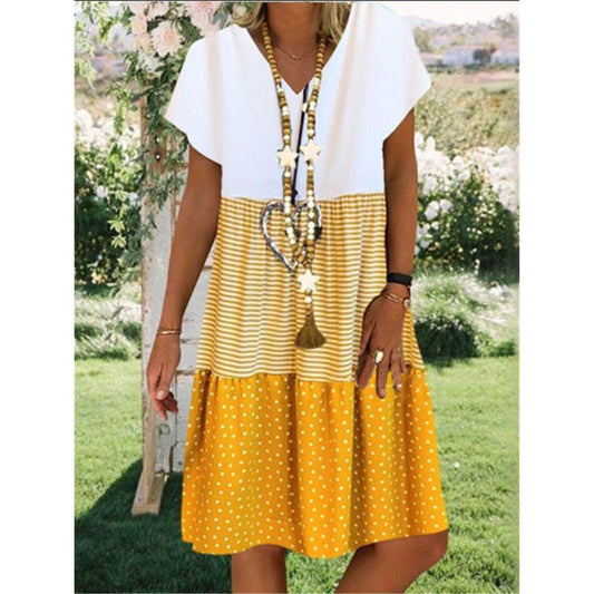 Robe midi femme – Coupe ample – Col en V – Manches courtes – Tissu respirant – Style décontracté
