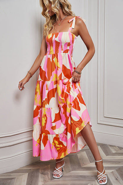 Robe longue femme – Dos nu – Bretelles à nouer – Jupe évasée à volants – Tissu léger