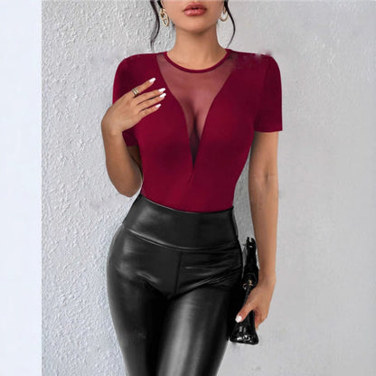 Chemise femme – Coupe slim – Décolleté plongeant – Manches courtes – Tulle transparent
