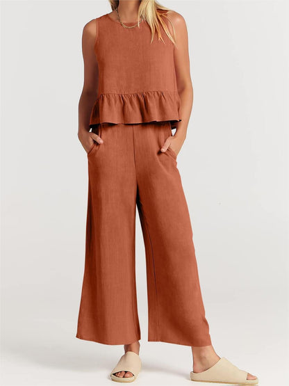 Ensemble 2 pièces pour femmes - Top court sans manches - Pantalon large à taille élastique - Coupe décontractée