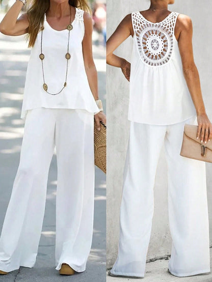 Ensemble femme deux pièces – Lin – Haut sans manches crochet – Pantalon large taille haute