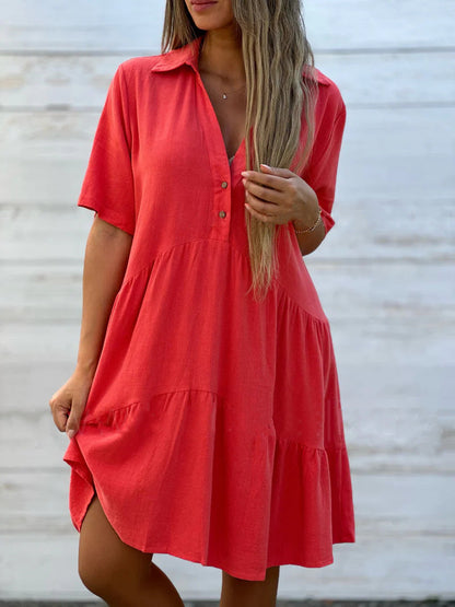Robe femme midi – Coupe ample – Manches courtes – Col chemise – Fibres naturelles