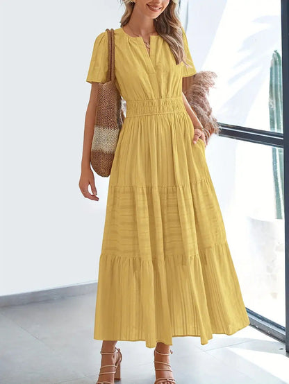 Robe longue femme – Col en V – Manches bouffantes – Taille froncée – Coupe évasée