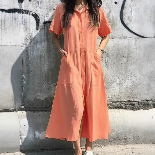 Robe Chemise Femme – Coupe Décontractée – Boutonnage Intégral – Manches Courtes – Longueur Midi