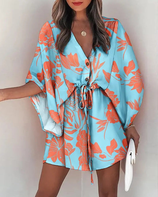 Robe femme décontractée – Coupe fluide – Mini longueur – Manches volantées – Taille à nouer