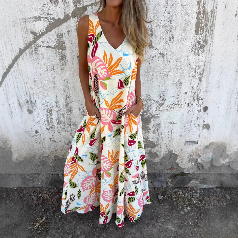 Robe longue femme – Sans manches – Imprimé tropical – Coupe évasée fluide