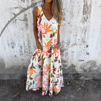 Robe longue femme – Sans manches – Imprimé tropical – Coupe évasée fluide