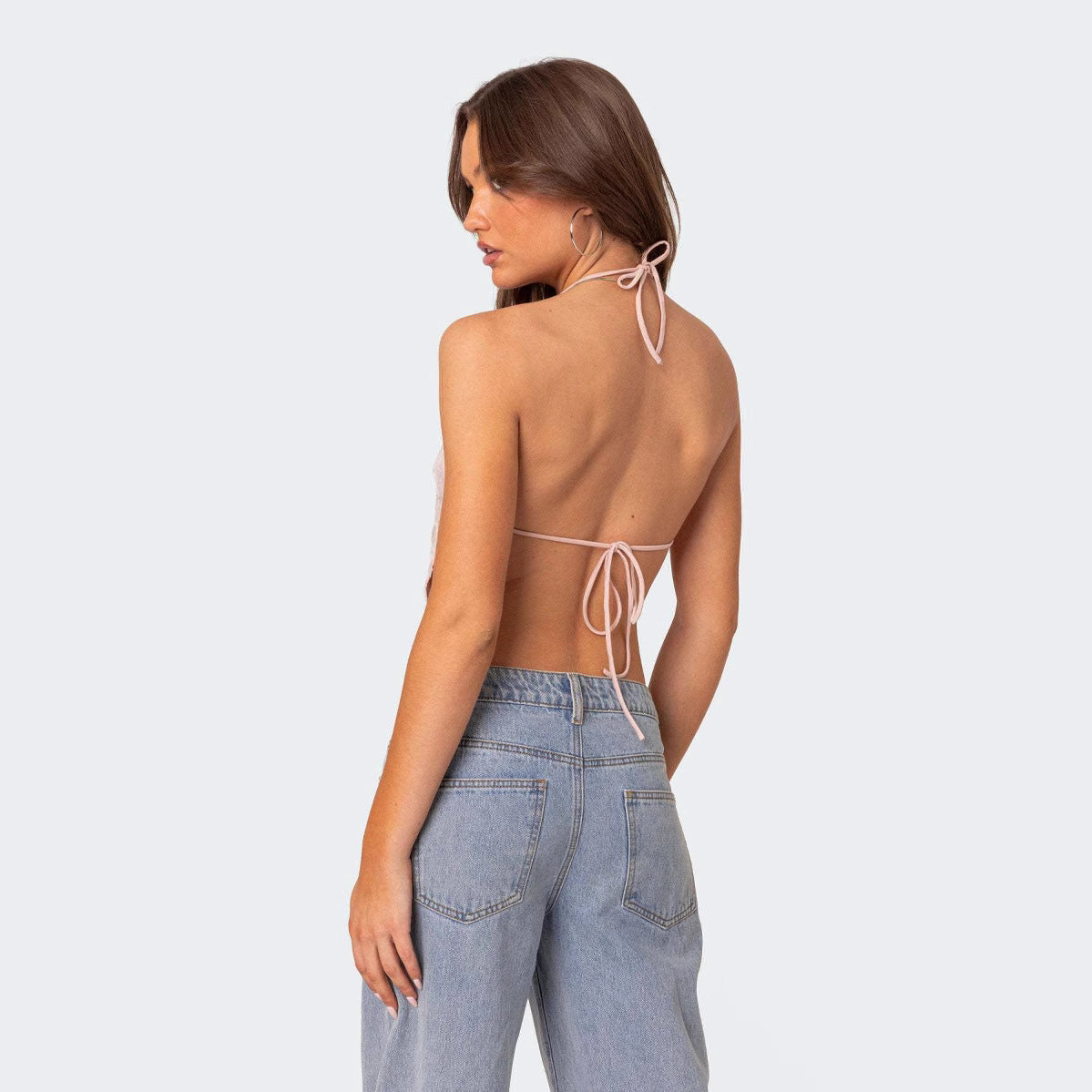 Top court femme – Dos nu à sequins – Décolleté plongeant – Coupe ajustée soirée