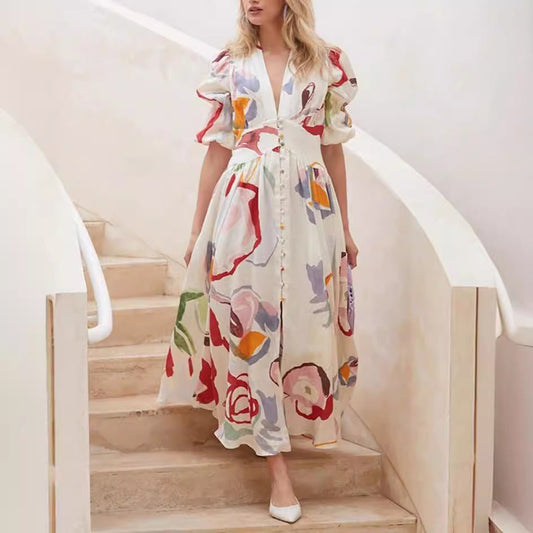 Robe longue femme – Fibres naturelles – Coupe fluide – Manches ballon – Boutons devant