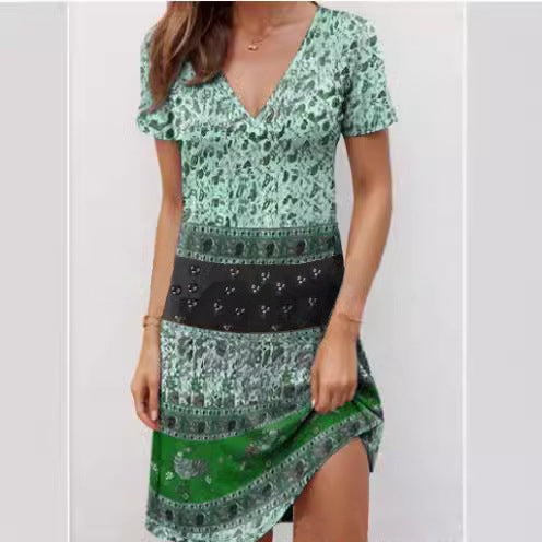Robe femme manches courtes – Coupe décontractée – Col V profond – Style patchwork boho