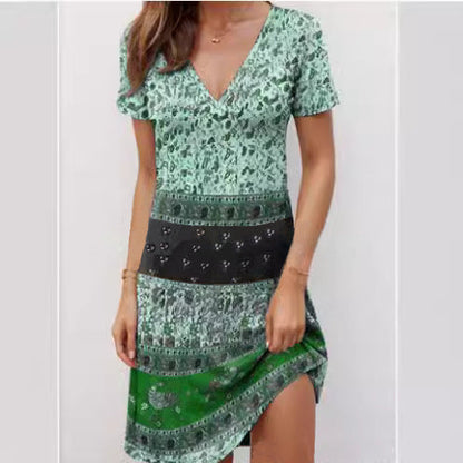 Robe femme manches courtes – Coupe décontractée – Col V profond – Style patchwork boho