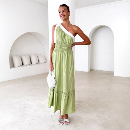 Robe femme – Une épaule – Coupe évasée – Coton doux – Jupe à volants – Longueur midi