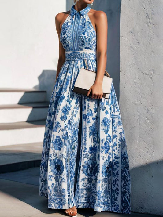 Robe longue femme – Coupe élégante – Col halter – Sans manches – Motif imprimé