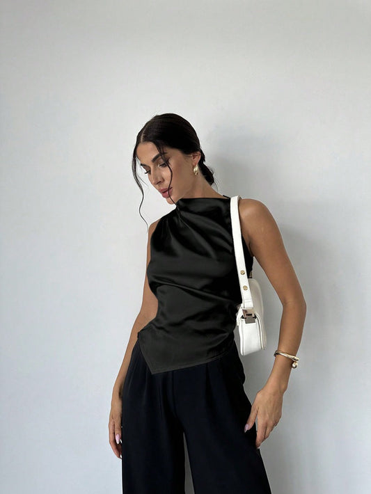 Blouse sans manches femme – Satin lisse – Coupe ajustée – Col montant drapé