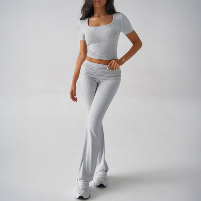 Ensemble Femme Deux Pièces – Haut Court Ajusté Col Carré – Pantalon Évasé Taille Haute