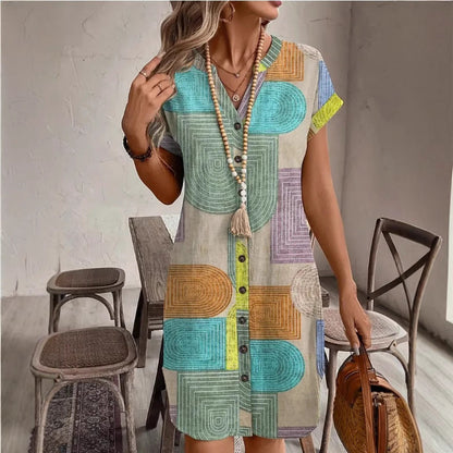 Robe femme midi – Coupe ample – Col en V – Manches courtes – Boutonnée